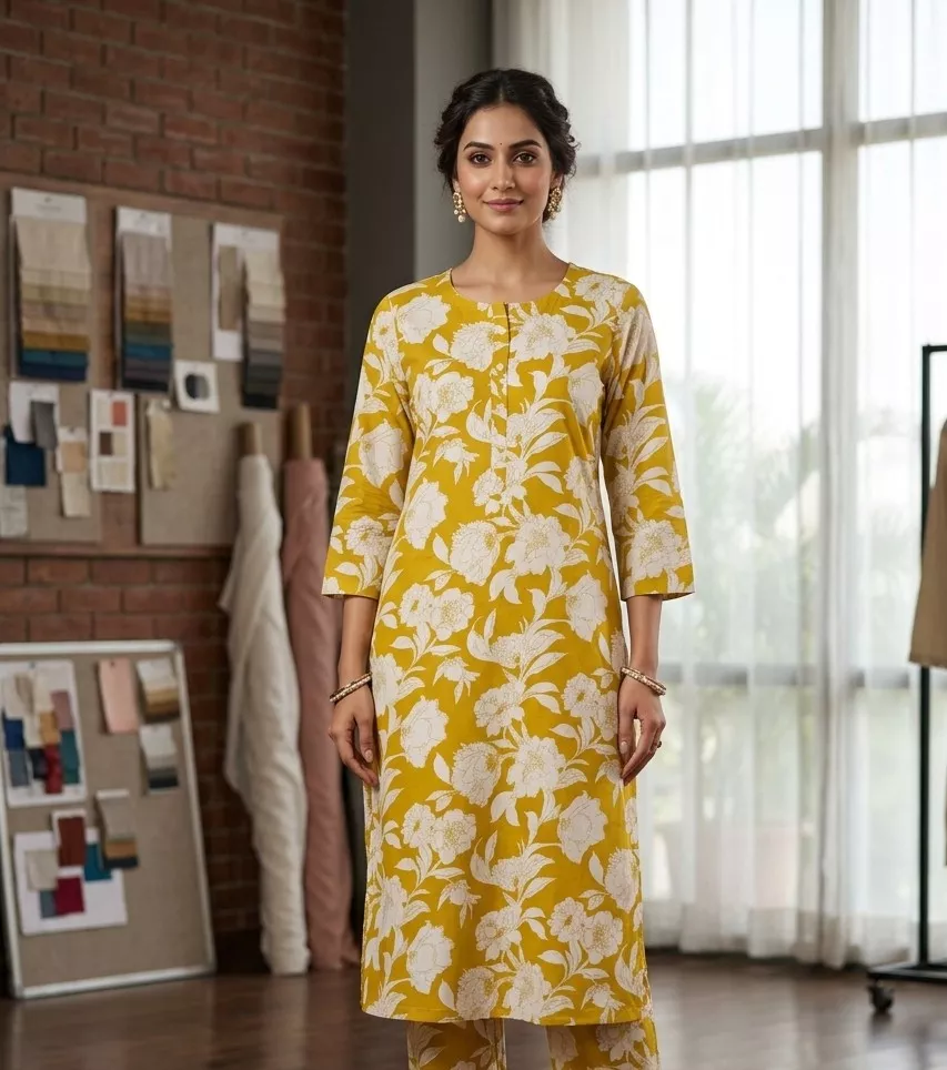 Women's Mustard Yellow Printed Poly Cotton Kurti – White Floral Print, Straight Fit