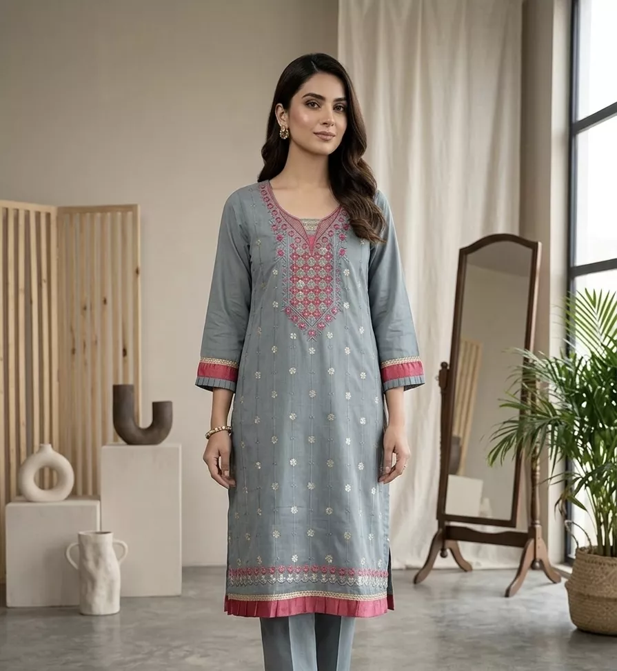 Women's Slate Grey Silk Blend Kurti – Contrast Coral Pink Embroidery & Lace Border, Straight Fit